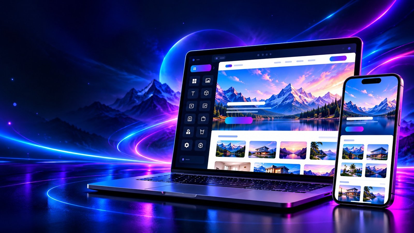 CP Builder website builder shown on laptop and mobile devices
